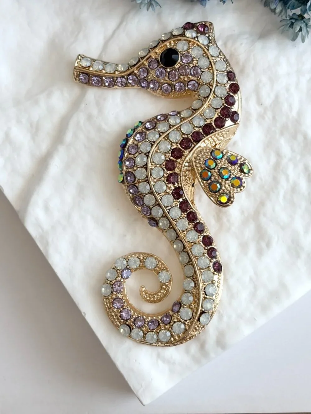 Seahorse Rainbow Rhinestone Gold Toned Jumbo Vintage Inspired Brooch Pin